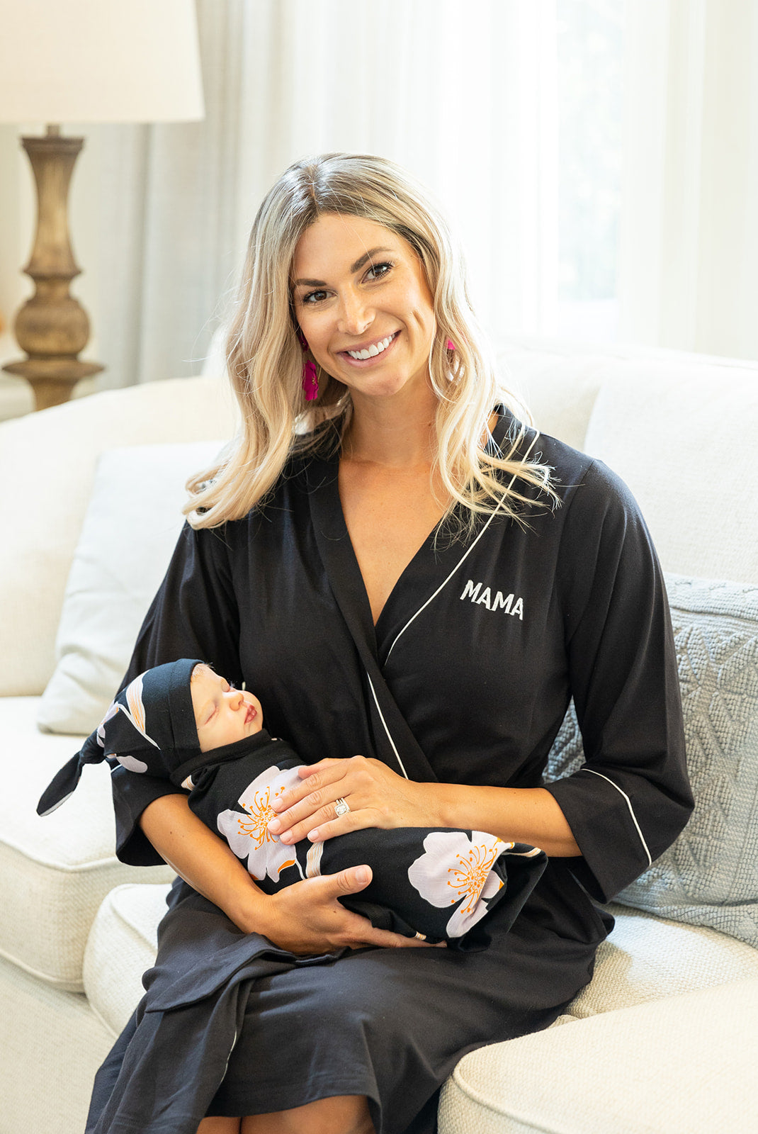 Mama Embroidered Robe Black & Willow Swaddle Blanket Set