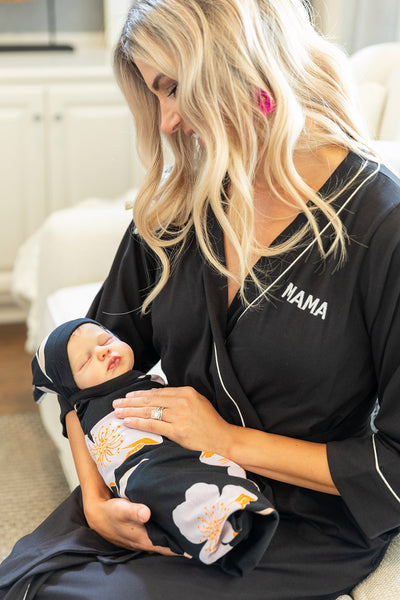 Mama Embroidered Robe Black & Willow Swaddle Blanket Set
