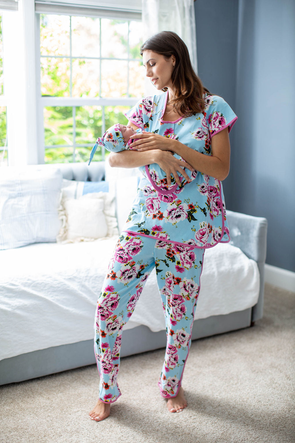 Floral Maternity Nursing Pajamas & Matching Baby Girl Swaddle