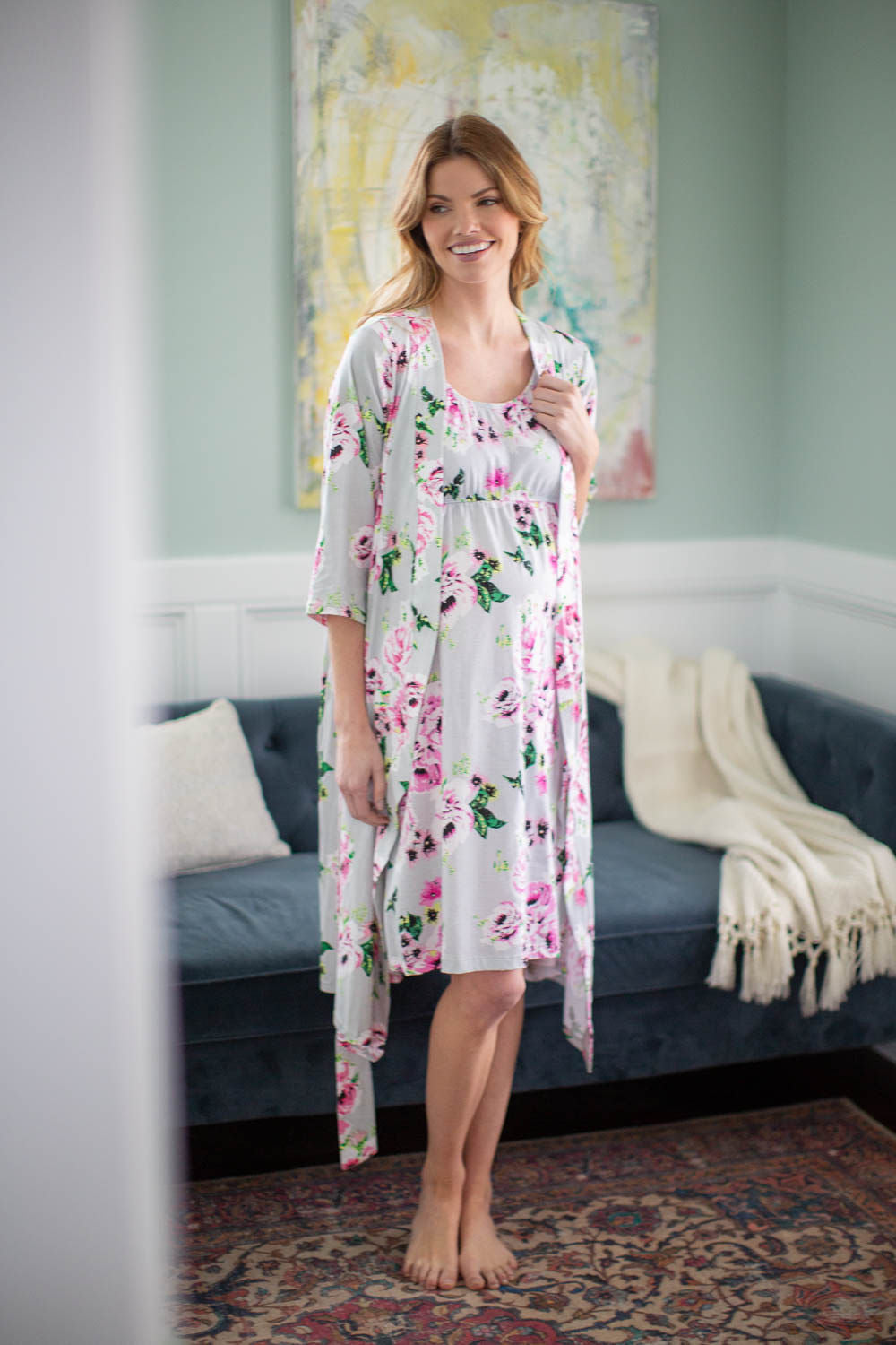 Gray Floral Delivery Hospital Robe and Maternity Nursing Nightgown –  Gownies™