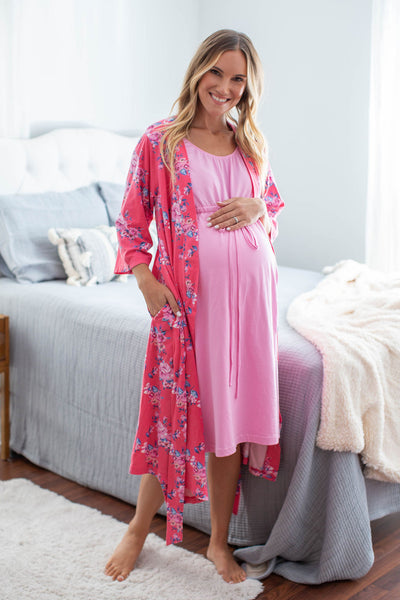 Pink 3 in 1 Labor Gown & Matching Rose Robe Set