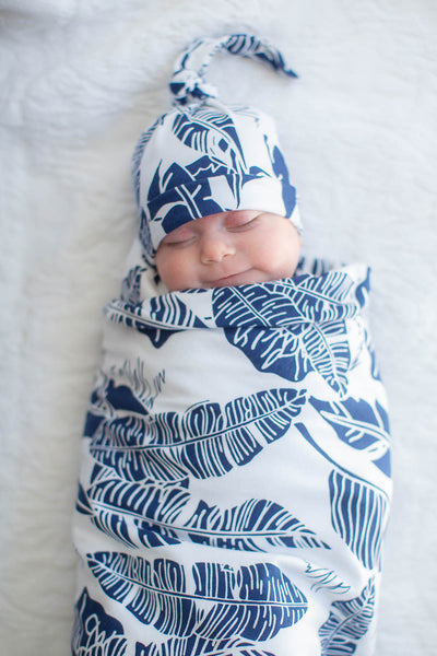 Serra Navy Blue & White Swaddle Blanket & Newborn Hat Set