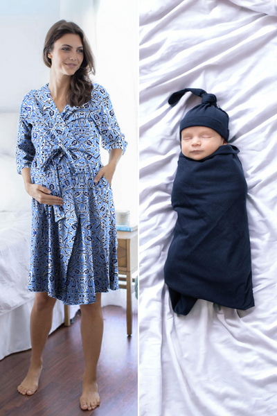 Natalia Pregnancy Robe & Navy Swaddle Blanket & Hat Set