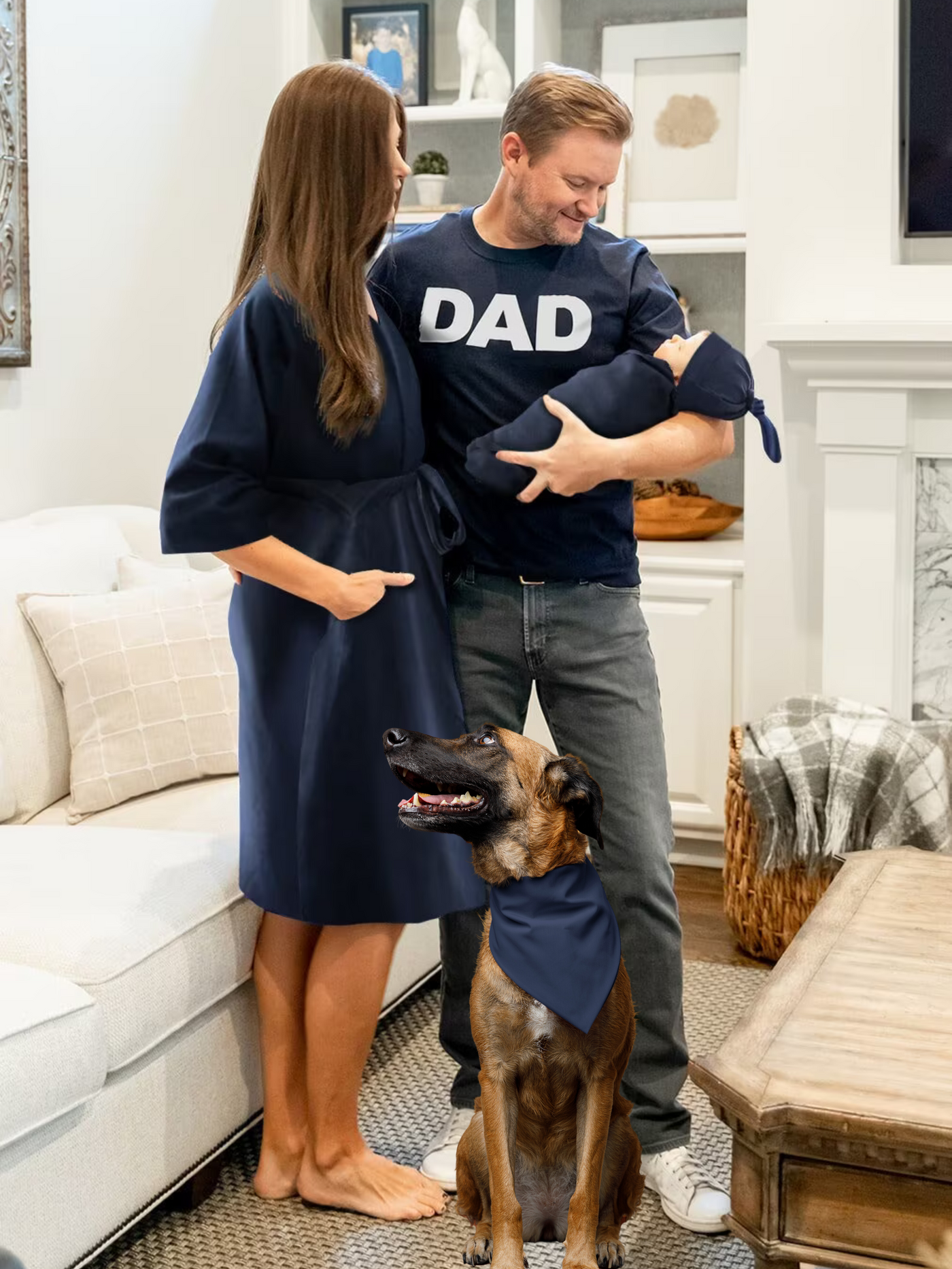 Navy Robe & Swaddle & Dad T-Shirt & Pet Bandana Set