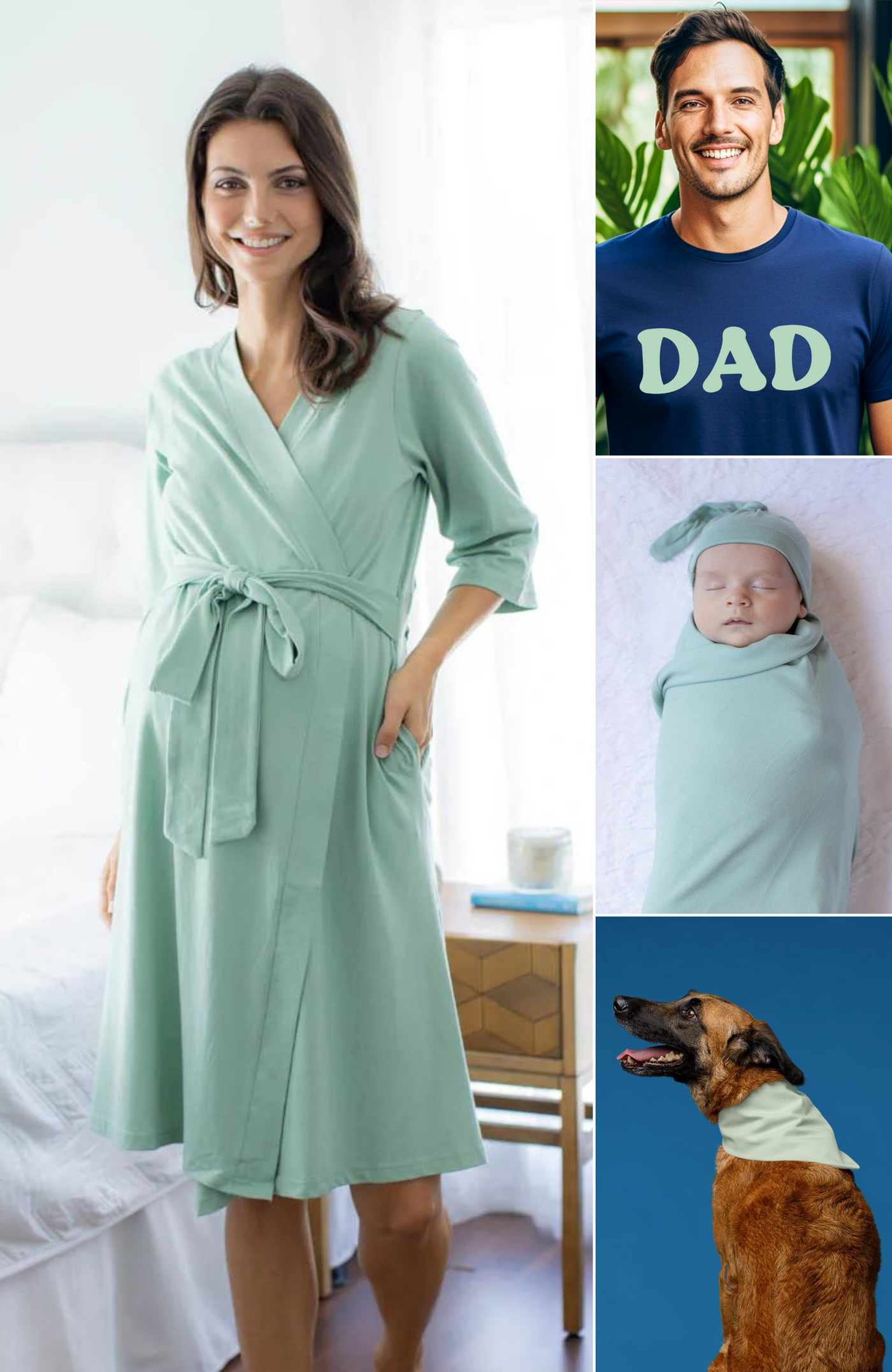 Sage Pregnancy Robe & Swaddle Set & Dad T-Shirt & Dog Bandana