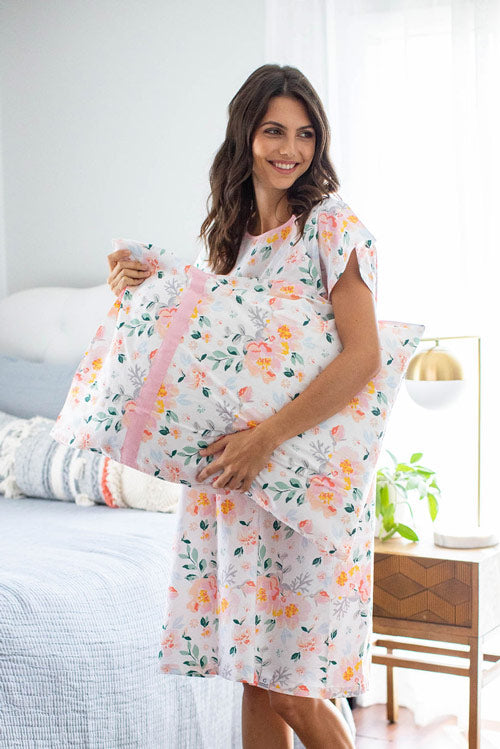 White Floral Labor And Delivery Gown Gownie & Matching Pillowcase Set –  Gownies™