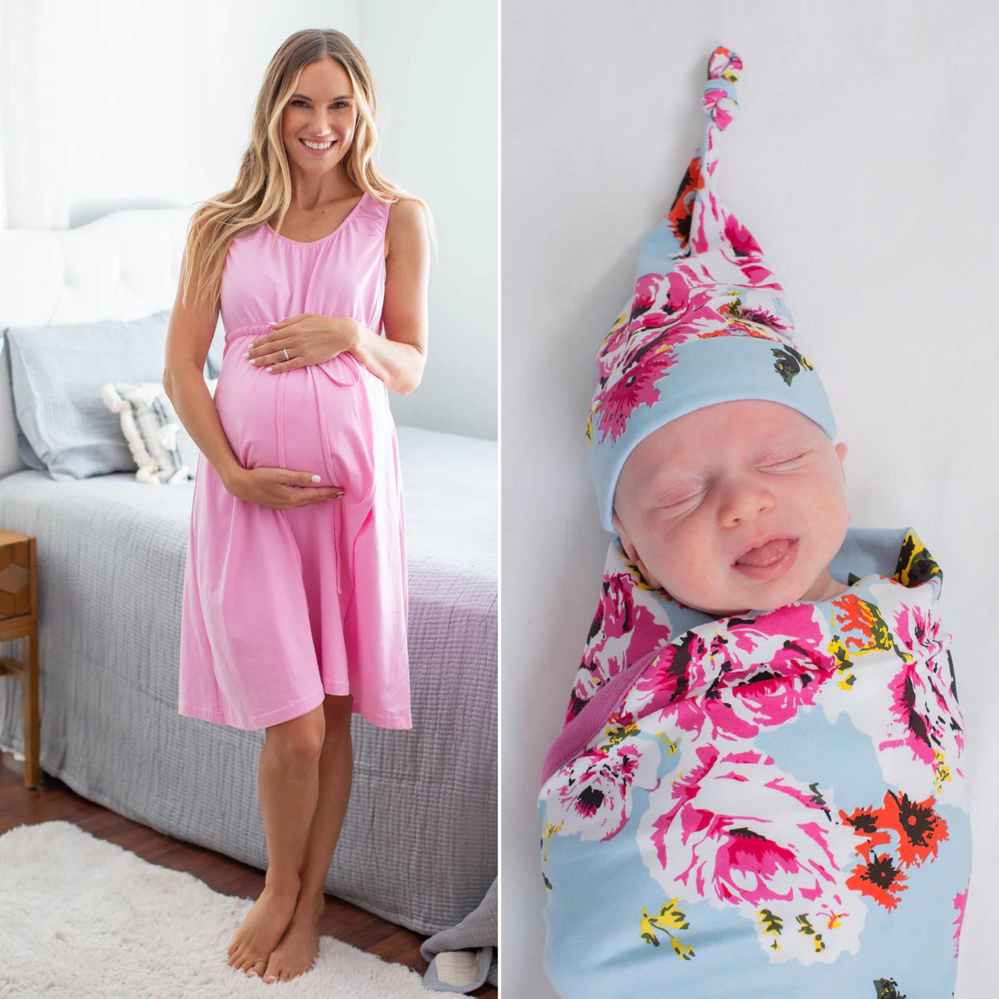 Pink 3 in 1 Labor Gown & Isla Baby Swaddle Set