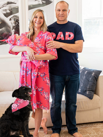 Rose Pregnancy Robe & Swaddle Set & Dad T-Shirt & Pet Bandana