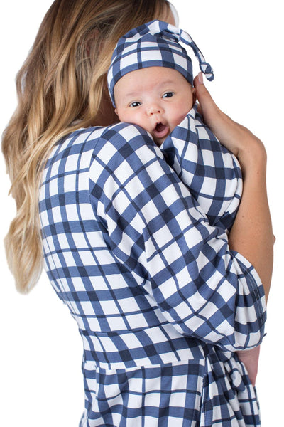 Blue Gingham Pregnancy/Postpartum Robe & Matching Swaddle & Dad T Shirt