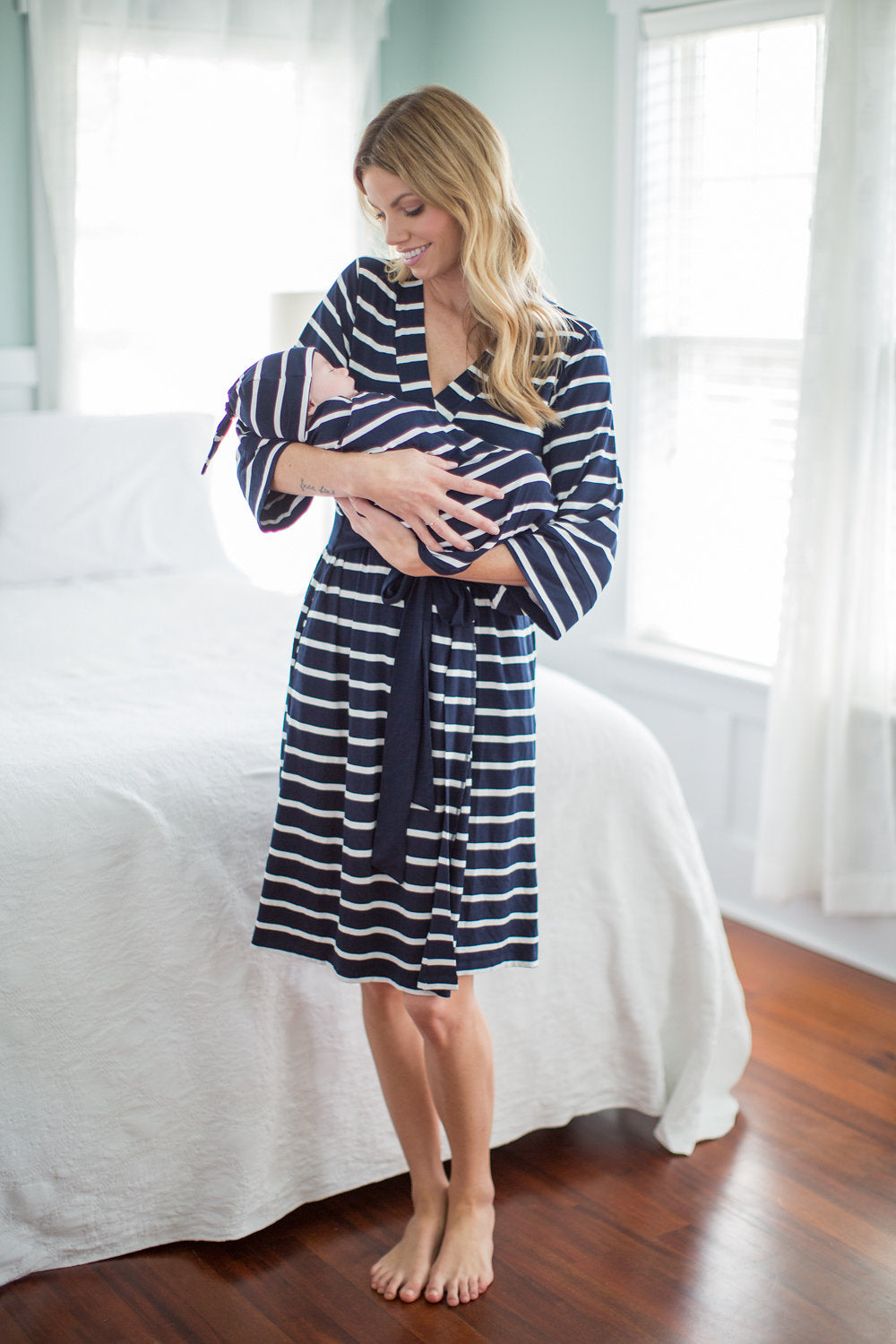 Navy Stripe Pregnancy/Postpartum Robe & Matching Swaddle Blanket Set