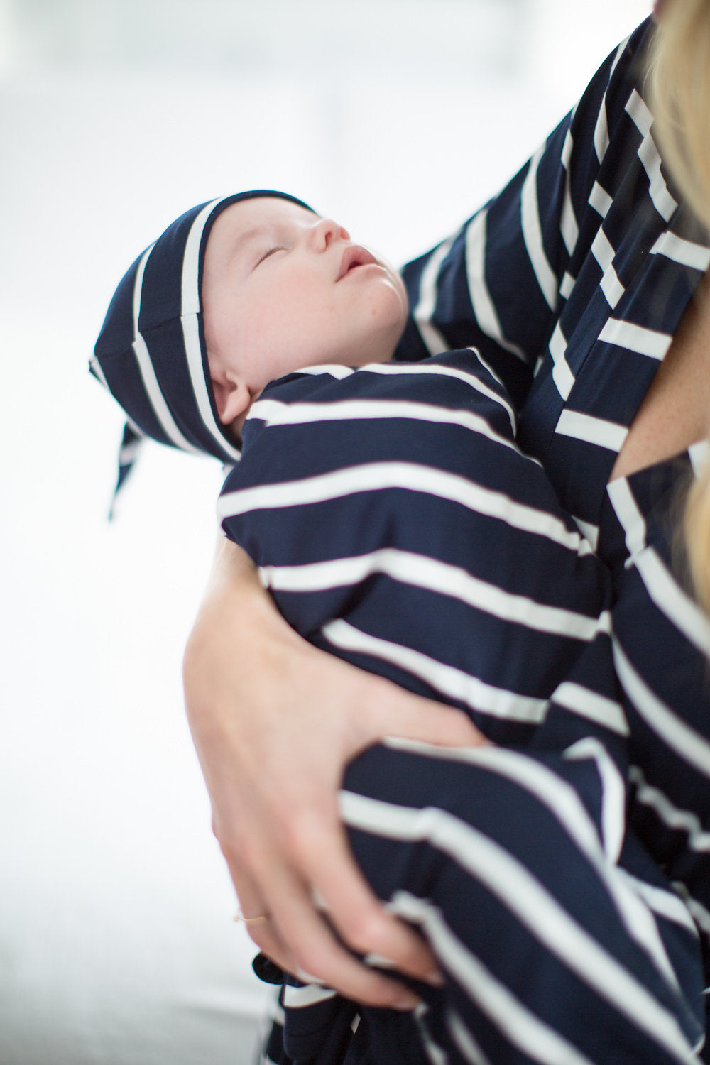 Navy Striped Swaddle Blanket & Matching Knotted Hat Set