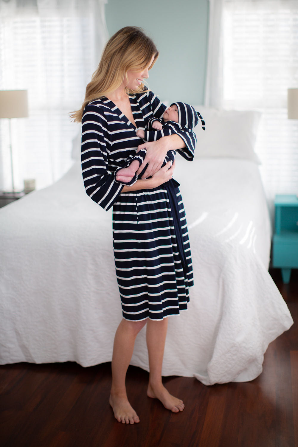 Navy Stripe Pregnancy/Postpartum Robe & Matching Baby Gown Set