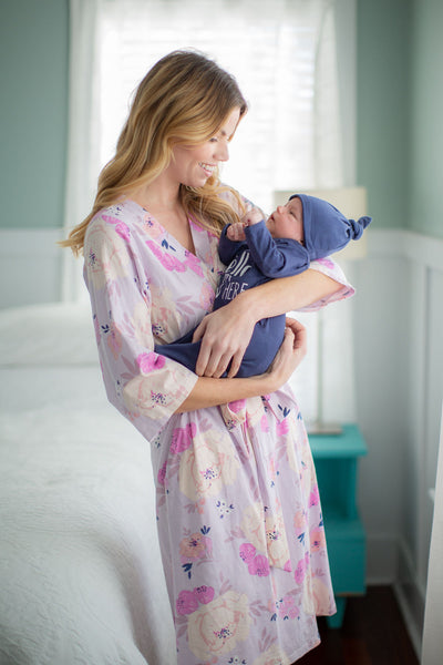 Anais Pregnancy/Postpartum Robe & Navy " Hello I'm new here" Baby Gown Set