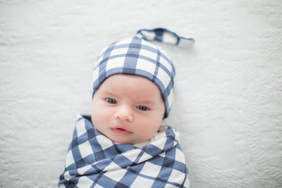 Blue Gingham Swaddle Blanket And Newborn Hat Set