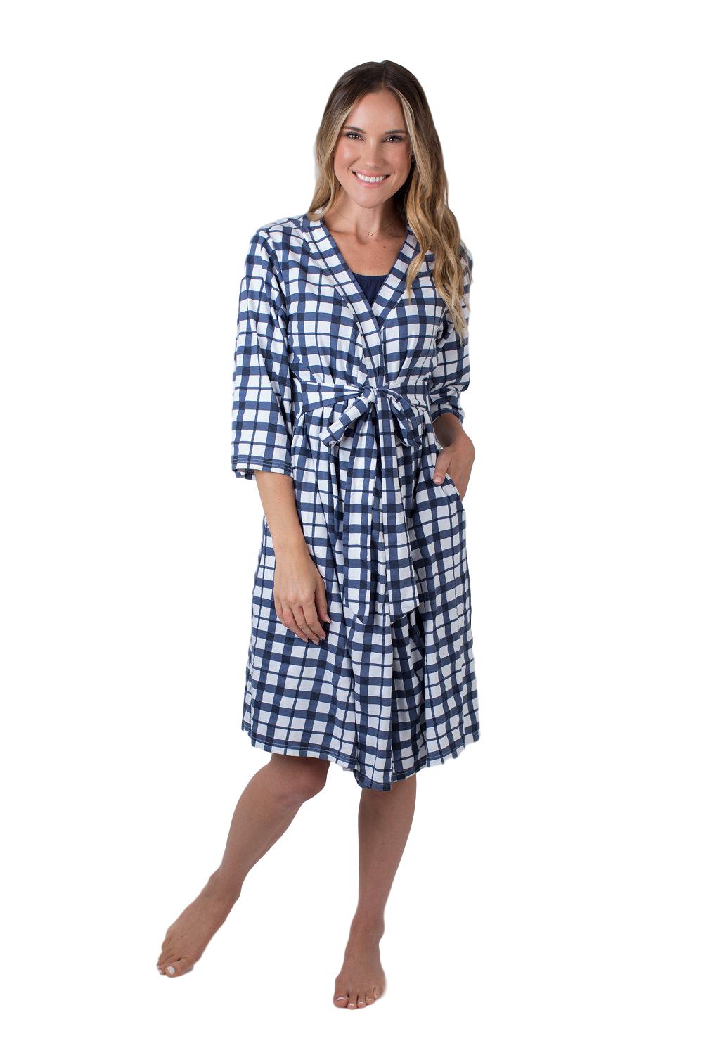 Blue Buffalo Plaid Maternity Nursing Labor Delivery Robe Hospital Bag Gownies