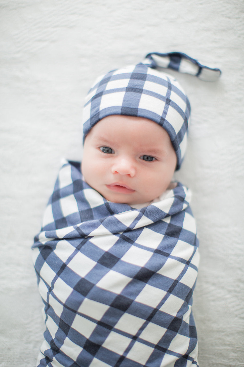 Blue Gingham Swaddle Blanket And Newborn Hat Set