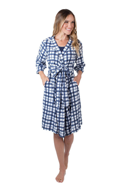 Blue Gingham Pregnancy/Postpartum Robe & Matching Swaddle & Dad T Shirt