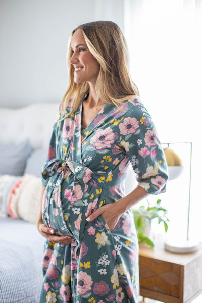 Charlotte Pregnancy/Postpartum Robe & Solid Sage Green Swaddle Blanket Set