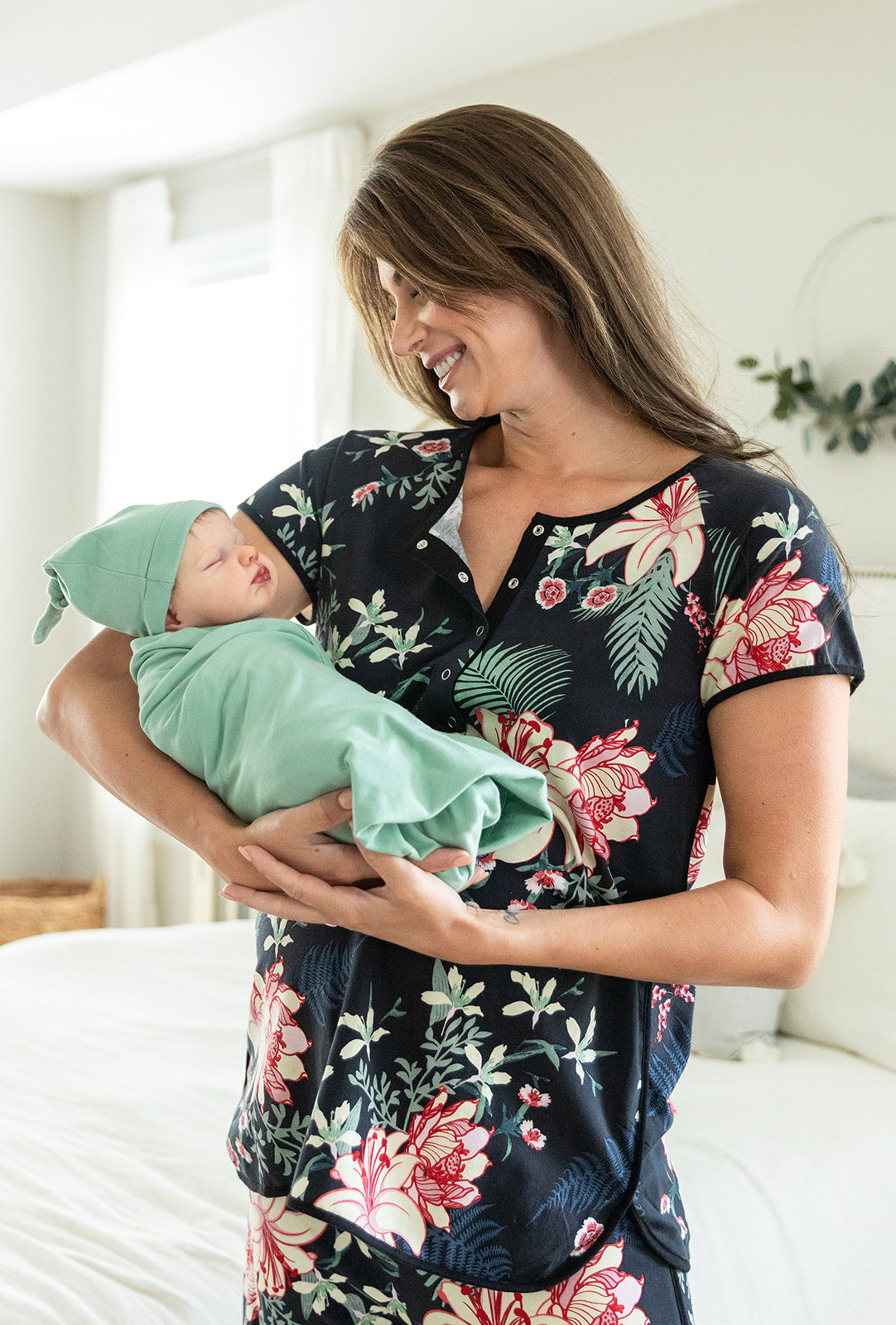 Elise Maternity Nursing Pajamas & Sage Green Baby Swaddle Blanket Set