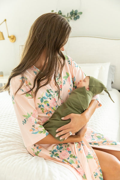 Nina Pregnancy/Postpartum Robe & Olive Green Baby Swaddle Blanket Set