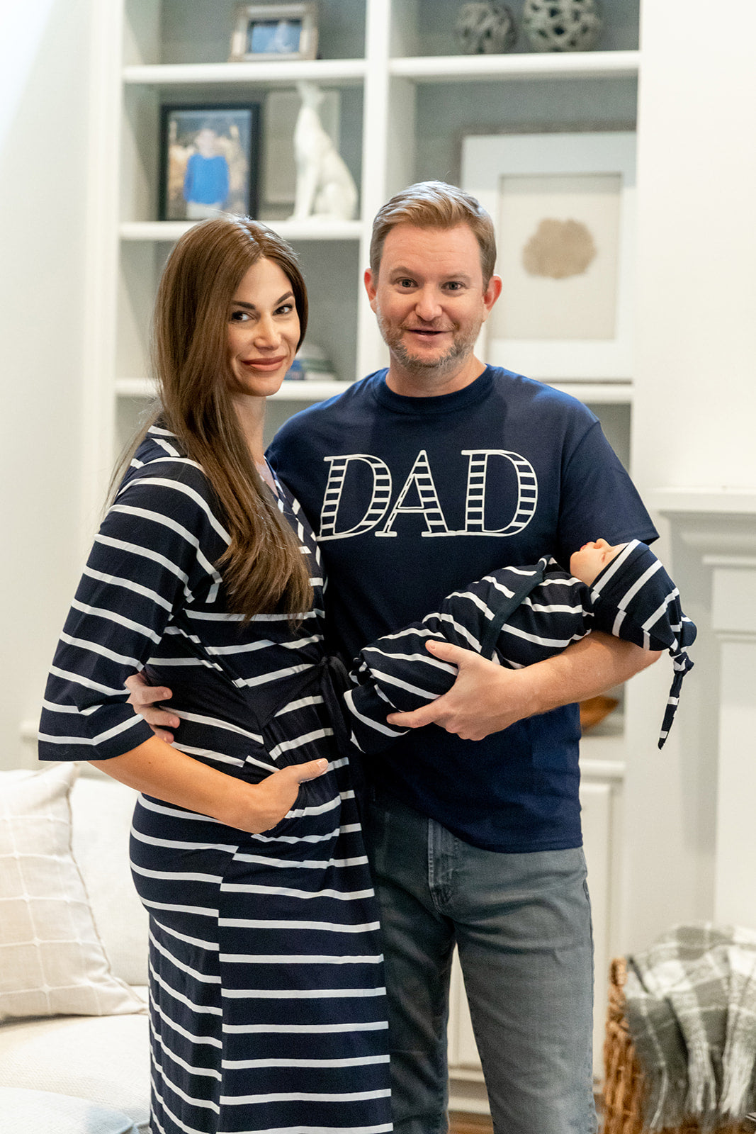 Navy Stripe Pregnancy/Postpartum Robe & Matching Swaddle & Dad T Shirt