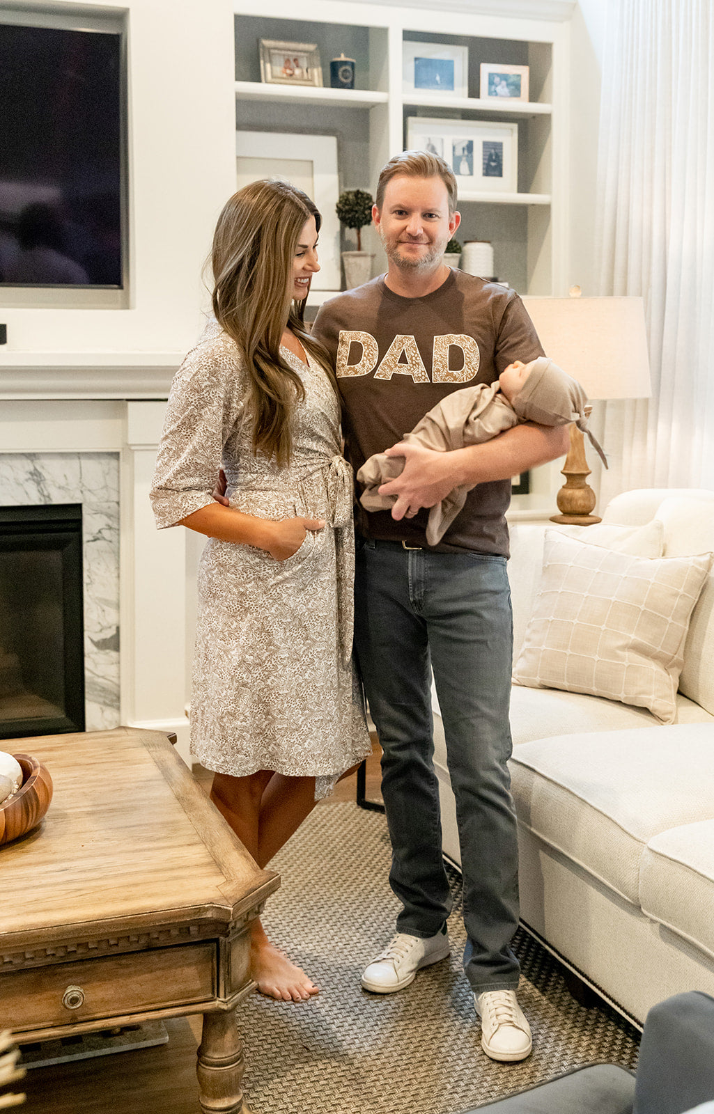 Brooklyn Pregnancy/Postpartum Robe & Taupe Swaddle & Dad T Shirt