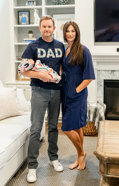 Navy Pregnancy/Postpartum Robe & Rainbow Swaddle & Dad T Shirt