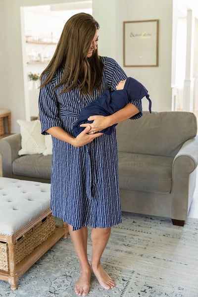 Luna Pregnancy/Postpartum Robe & Navy Blue Swaddle Blanket Set