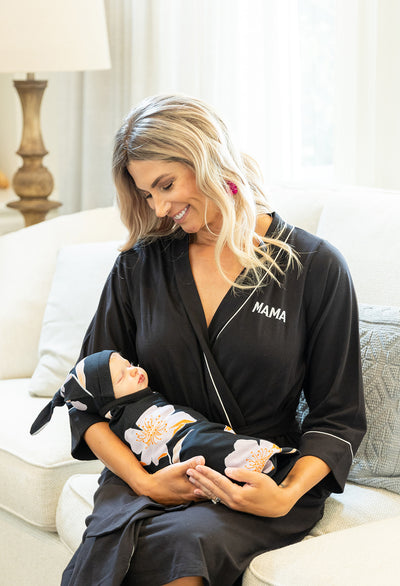 Mama Pregnancy/Postpartum Robe & Willow Baby Swaddle Blanket Set Black