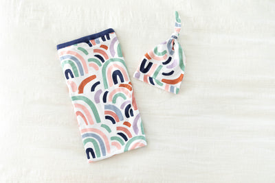 Navy Pregnancy/Postpartum Robe & Rainbow Baby Swaddle Blanket Set