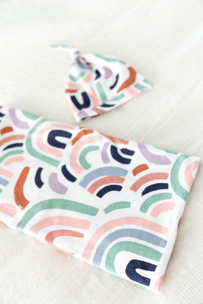 Navy Pregnancy/Postpartum Robe & Rainbow Baby Swaddle Blanket Set