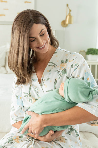 Hadley Pregnancy/Postpartum Robe & Sage Green Baby Swaddle Blanket Set