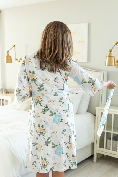 Hadley Pregnancy/Postpartum Robe & Light Blue Baby Swaddle Blanket Set