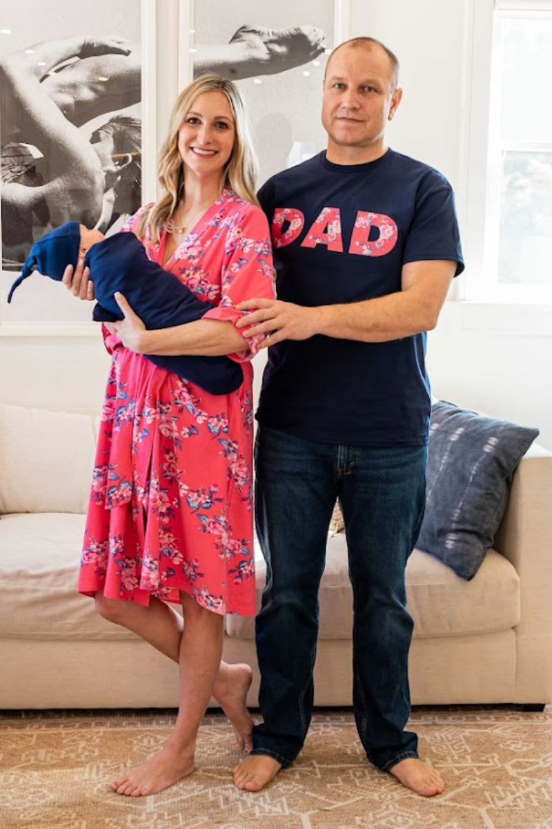 Rose Pregnancy/Postpartum Robe & Navy Solid Swaddle & Dad T-Shirt