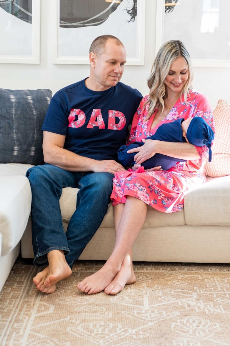 Rose Pregnancy/Postpartum Robe & Navy Solid Swaddle & Dad T-Shirt