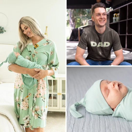 Gia Pregnancy/Postpartum Robe & Sage Green Swaddle & Dad T-Shirt