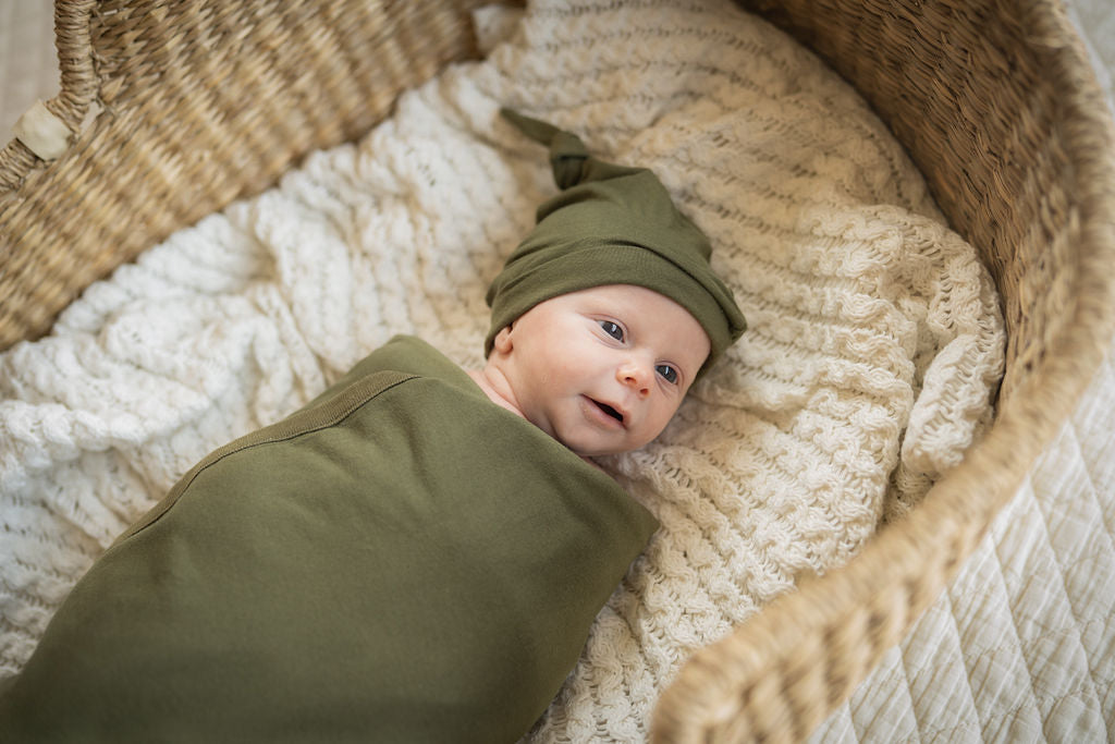Olive Green Swaddle Blanket Newborn Hat Set Gownies