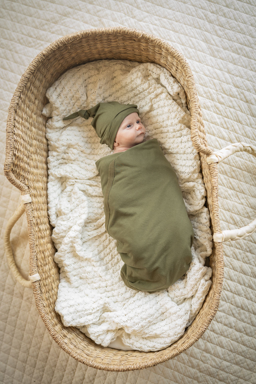Olive Green Swaddle Blanket And Newborn Hat Set