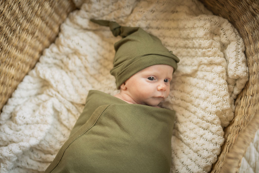 Olive Green Swaddle Blanket And Newborn Hat Set