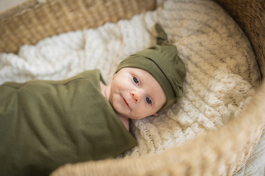 Olive Green Swaddle Blanket And Newborn Hat Set