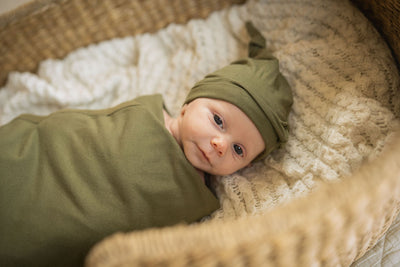 Olive Green Swaddle Blanket And Newborn Hat Set