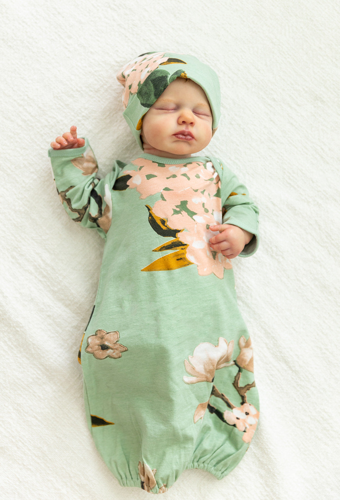 Newborn baby gown with elastic bottom and fold over mittens, perfect babies first outfit by Baby Be Mine Maternity