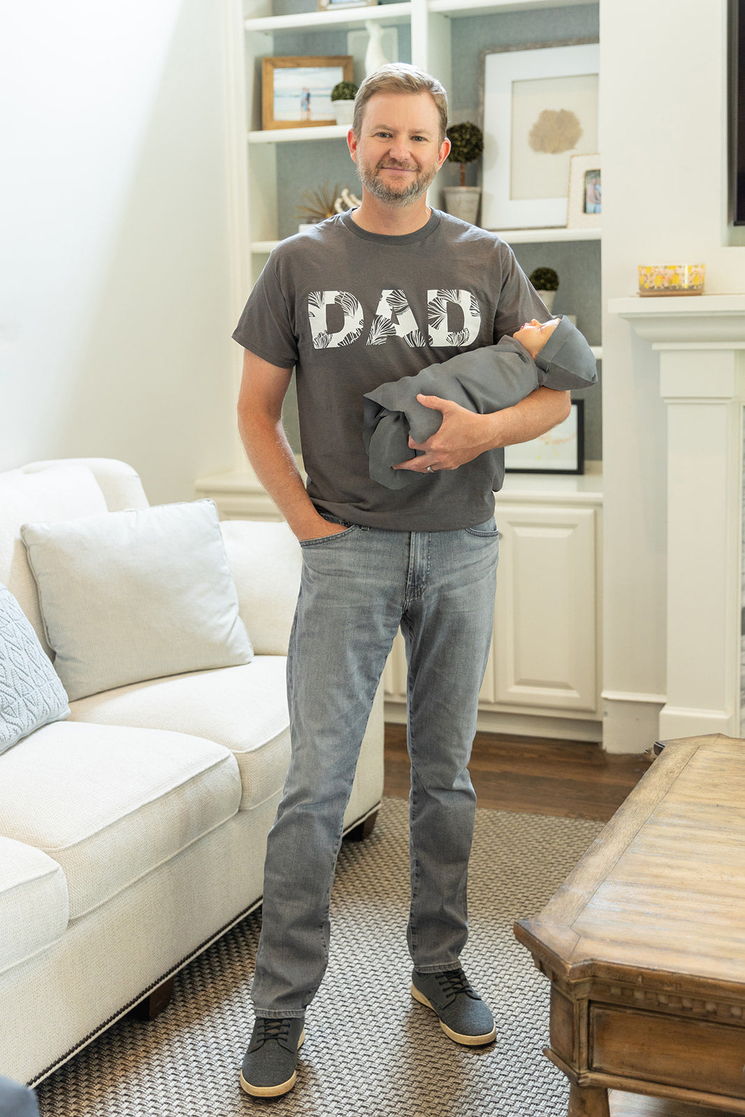 Audrey Pregnancy/Postpartum Robe & Charcoal Swaddle Set & Dad T Shirt