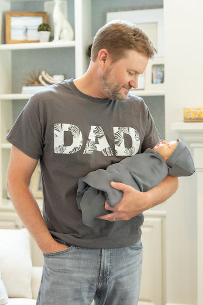Audrey Pregnancy/Postpartum Robe & Charcoal Swaddle Set & Dad T Shirt