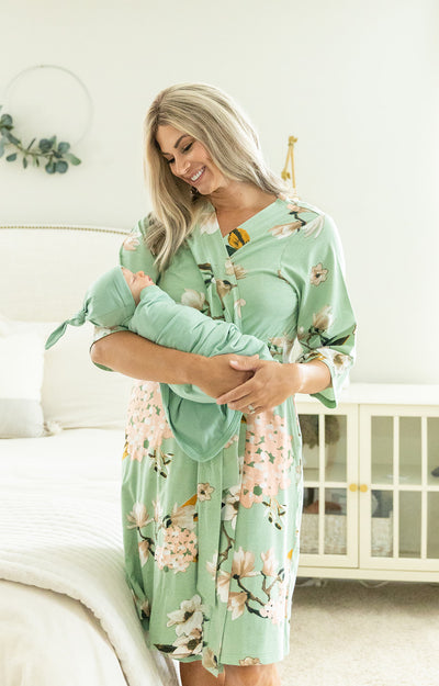 Gia Pregnancy/Postpartum Robe &  Sage Swaddle Blanket Set
