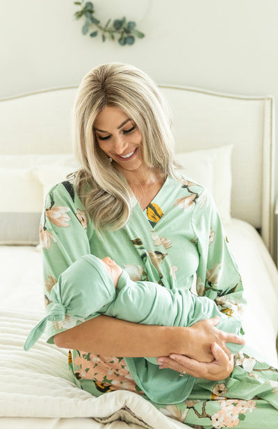 Gia Pregnancy/Postpartum Robe &  Sage Swaddle Blanket Set