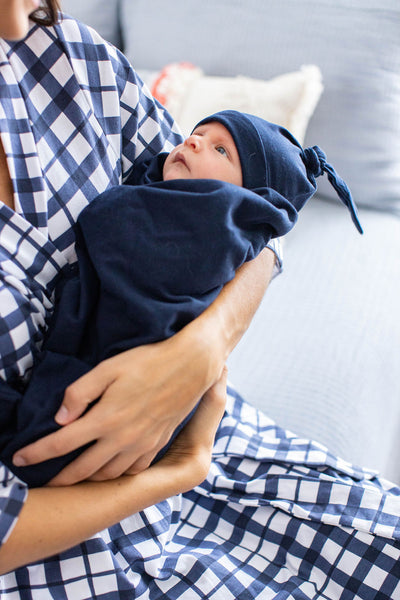 Blue Gingham Pregnancy/Postpartum Robe and Navy Swaddle Blanket Set