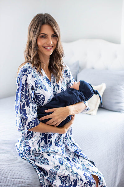 Serra Pregnancy/Postpartum Robe & Navy Swaddle Blanket & Hat Set