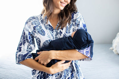 Serra Pregnancy/Postpartum Robe & Navy Swaddle Blanket & Hat Set