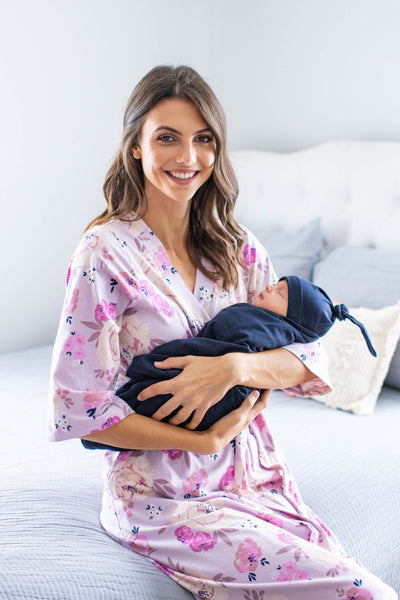 Anais Pregnancy/Postpartum Robe & Navy Blue Swaddle Blanket Set